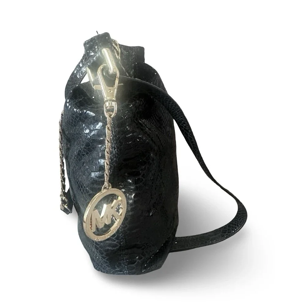 Michael Kors Black Glossy Embossed Leather Shoulder Bag Gold Chain Hobo Slouchy